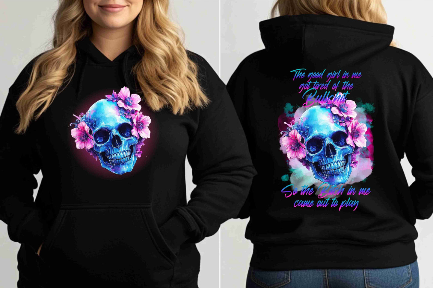 Pink Flowered Skull Pullover Hoodie