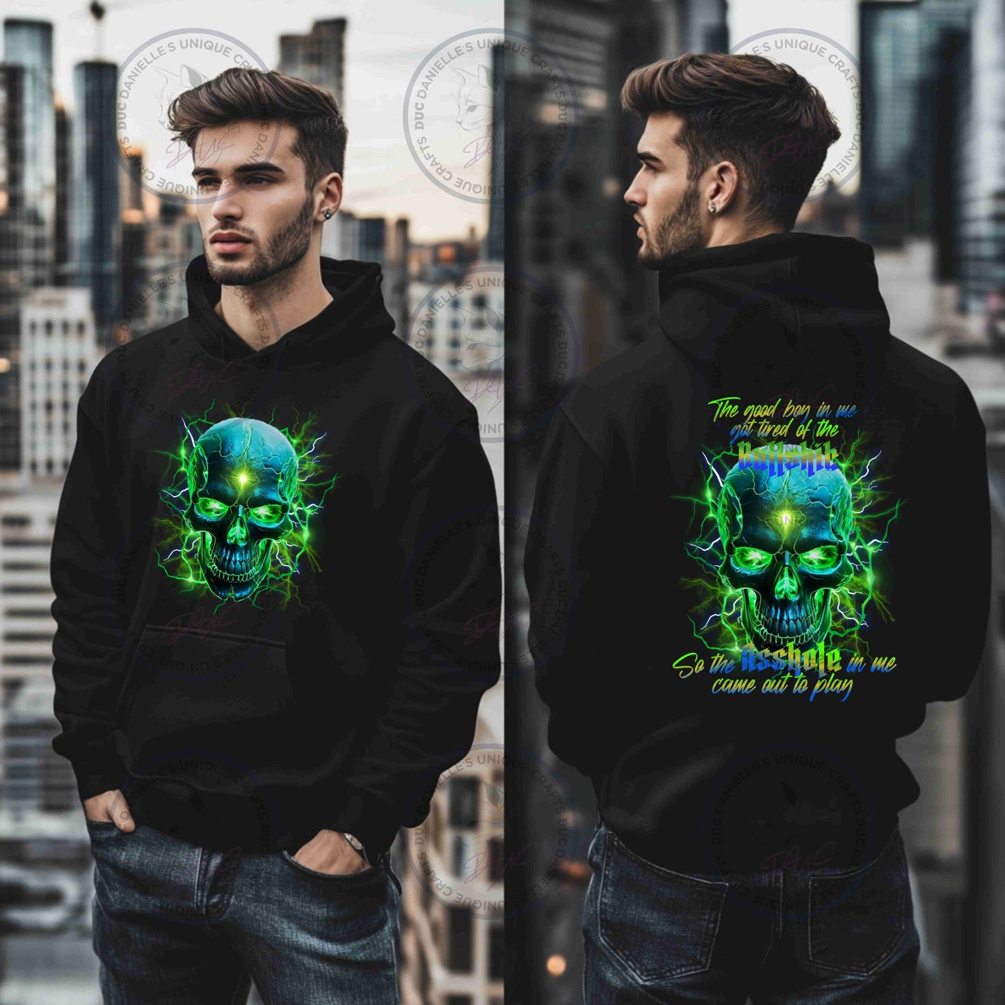 Green lighting Skull Men's Gildan Pullover Hoodie