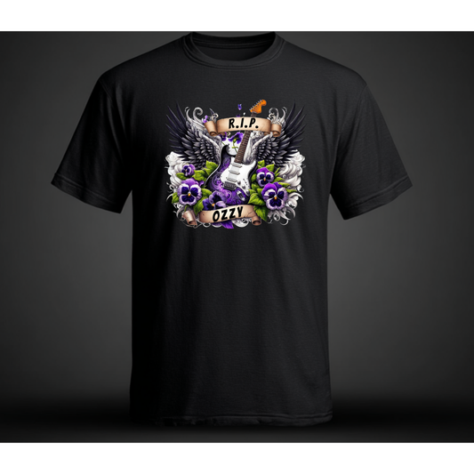 Purple Pansy electric guitar with RIP OZZY T-Shirt